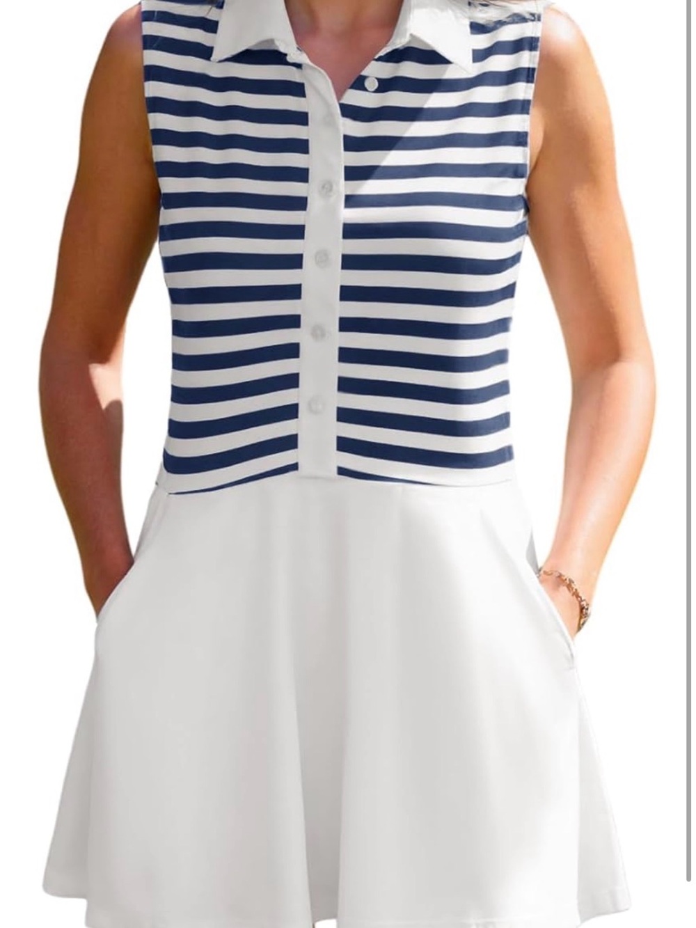 Striped Sleeveless Polo Dress in Navy and White